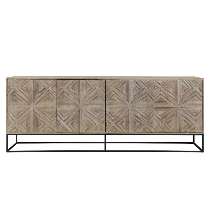 Zion 84  Mango Wood Carved 4-Door Sideboard with Iron Base