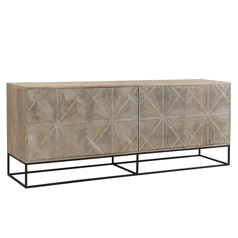 Zion 84  Mango Wood Carved 4-Door Sideboard with Iron Base