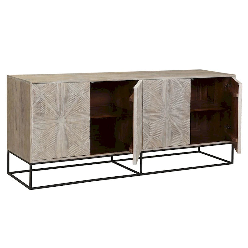 Zion 84  Mango Wood Carved 4-Door Sideboard with Iron Base