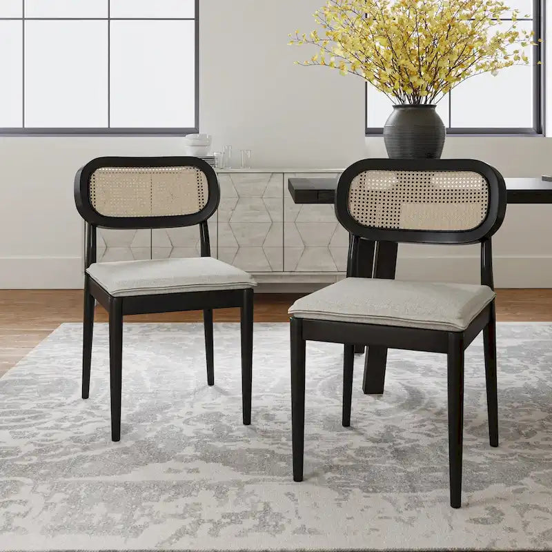 Konstantin Modern Solid Wood Dining Chair with Ratten Back and Removable Cushion Set of 2 by HULALA HOME
