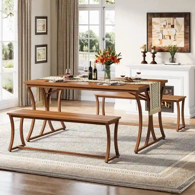 51  Farmhouse Brown Dining Table and Bench Set