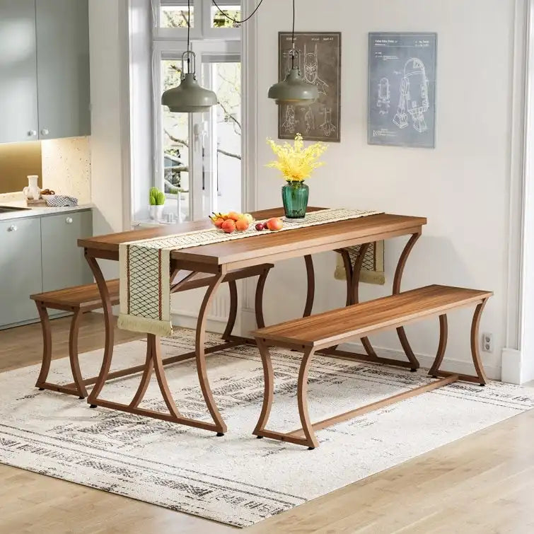 51  Farmhouse Brown Dining Table and Bench Set