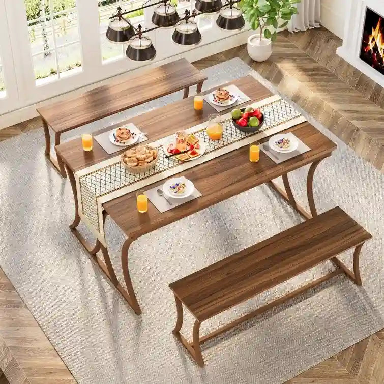 51  Farmhouse Brown Dining Table and Bench Set