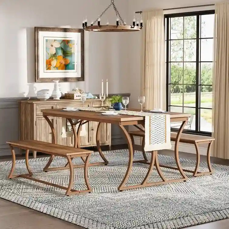 51  Farmhouse Brown Dining Table and Bench Set