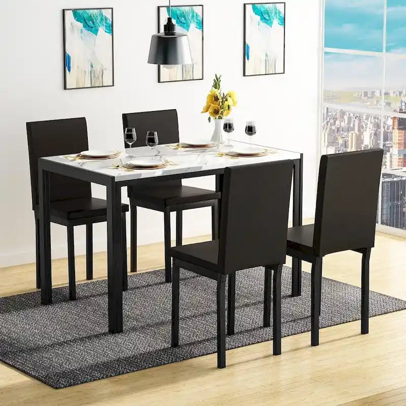 Mieres 5-Piece Dining Table Set with Faux Marble Top and 4 PU Leather Upholstery Chairs for Kitchen Dining Room