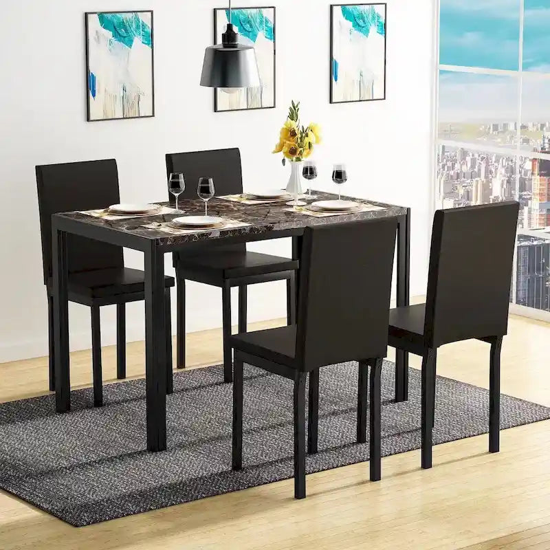 Mieres 5-Piece Dining Table Set with Faux Marble Top and 4 PU Leather Upholstery Chairs for Kitchen Dining Room