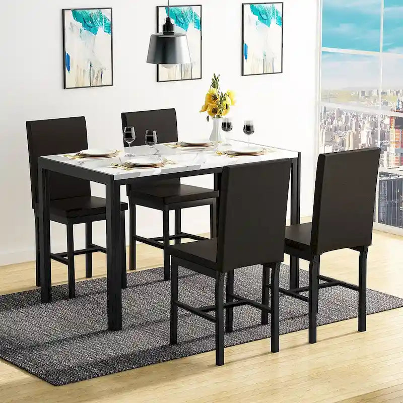 Mieres 5-Piece Dining Table Set with Faux Marble Top and 4 PU Leather Upholstery Chairs for Kitchen Dining Room