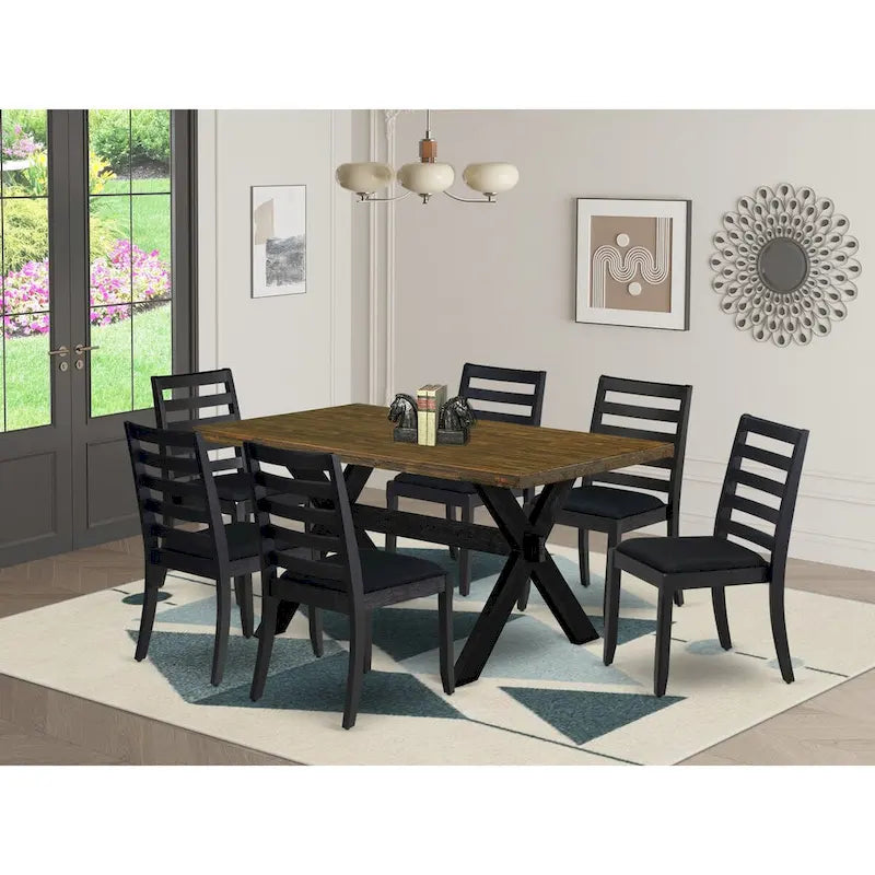 East West Furniture dining set - a dinner table & Stackable kitchen chairs - Wire-brushed Black (Pieces & Seat Options)
