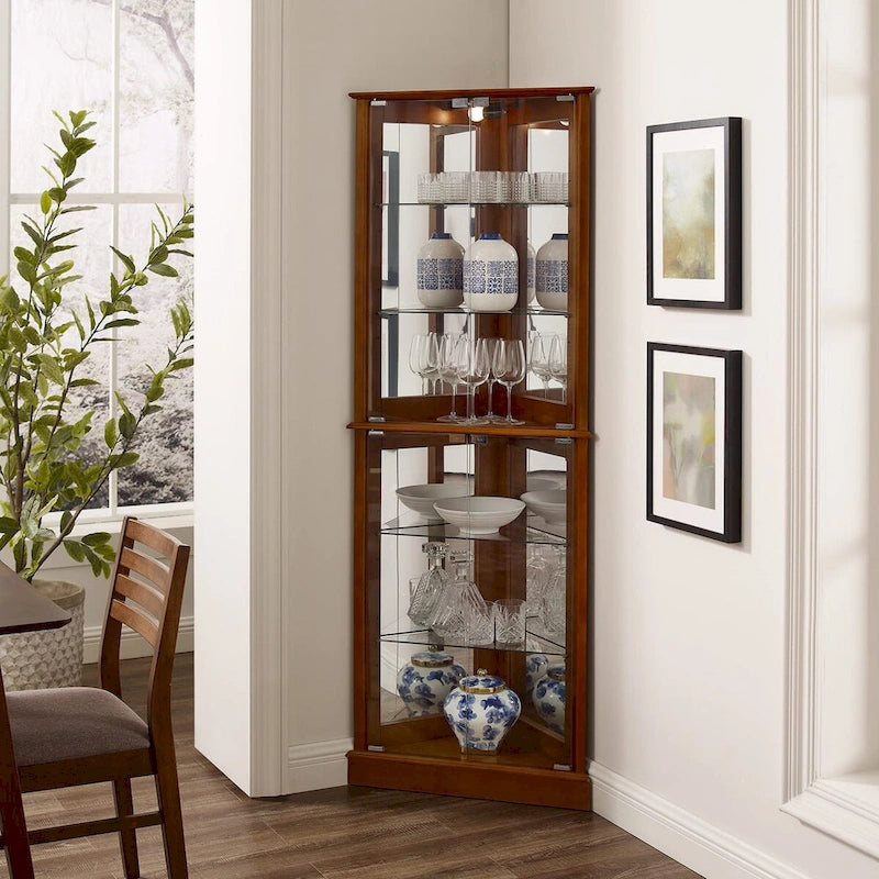 Corner Curio Dispaly Cabinet with Lights, Adjustable Tempered Glass Shelves, Mirrored Back