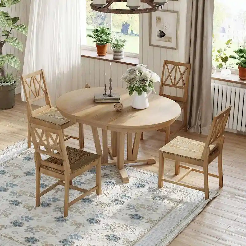 Farmhouse Solid Wood 4 Person Round Extendable Dining Table Set for Kitchen, Dining Room