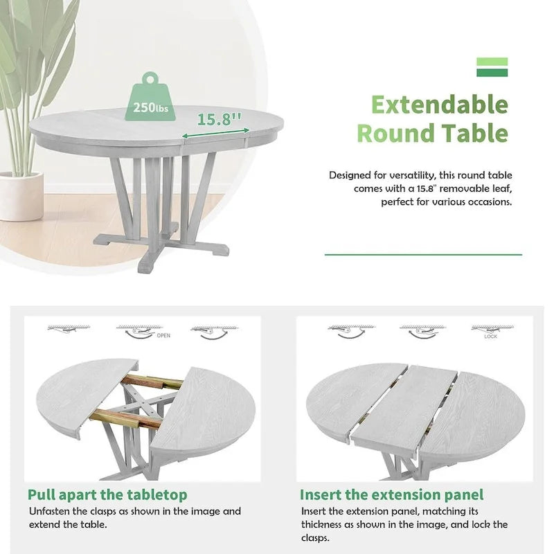 Farmhouse Solid Wood 4 Person Round Extendable Dining Table Set for Kitchen, Dining Room