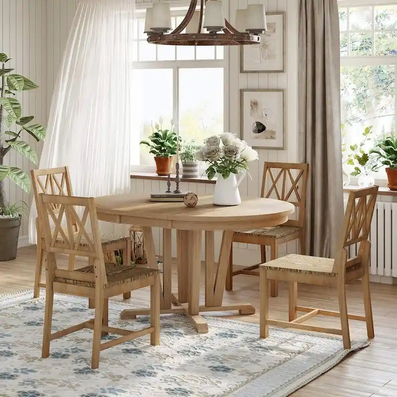 Farmhouse Solid Wood 4 Person Round Extendable Dining Table Set for Kitchen, Dining Room