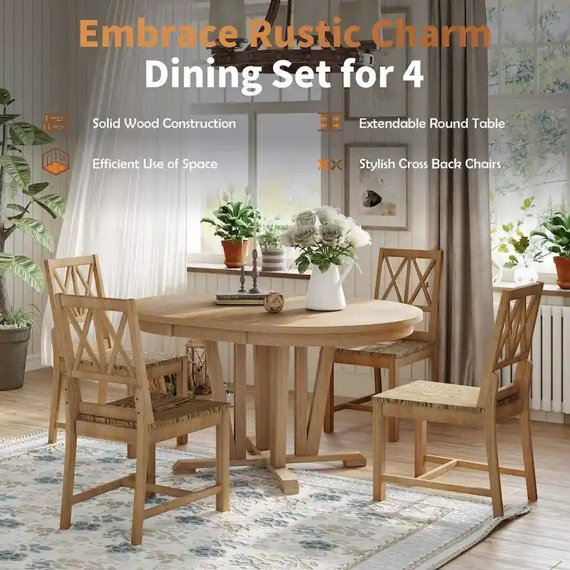 Farmhouse Solid Wood 4 Person Round Extendable Dining Table Set for Kitchen, Dining Room