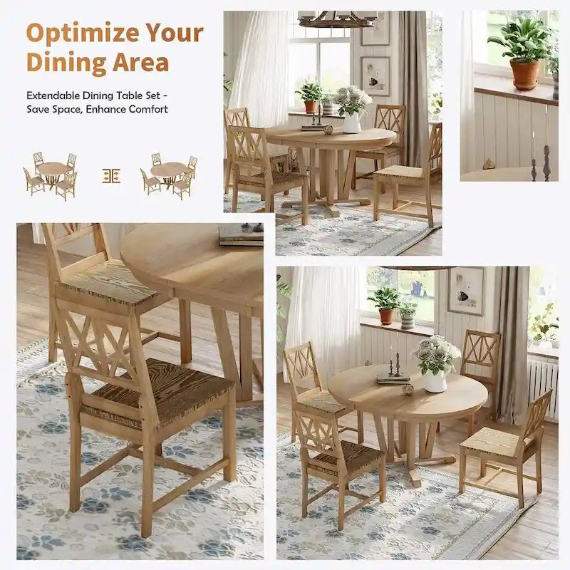 Farmhouse Solid Wood 4 Person Round Extendable Dining Table Set for Kitchen, Dining Room