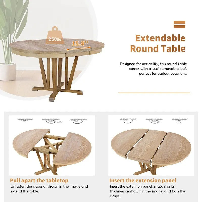Farmhouse Solid Wood 4 Person Round Extendable Dining Table Set for Kitchen, Dining Room