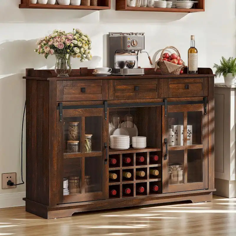 Moasis Farmhouse Sideboard Buffet with Wine Racks Storage Bar Cabinet with Drawers