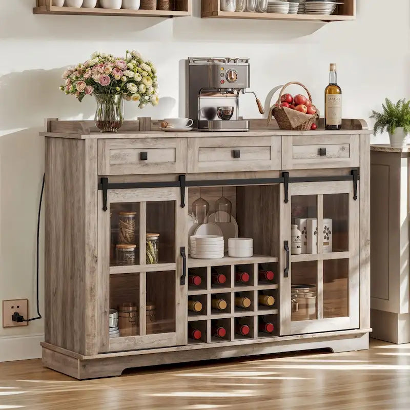 Moasis Farmhouse Sideboard Buffet with Wine Racks Storage Bar Cabinet with Drawers
