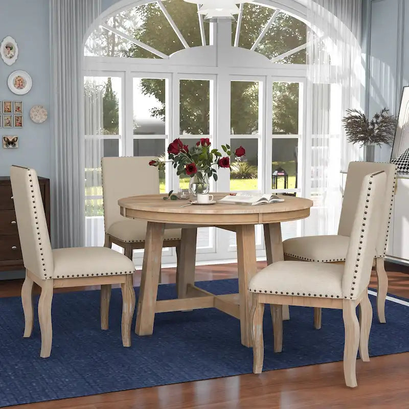 5-Piece Farmhouse Dining Table Set Wood Round Extendable Dining Table and 4 Upholstered Dining Chairs