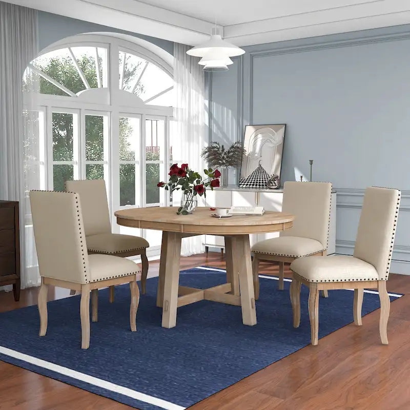 5-Piece Farmhouse Dining Table Set Wood Round Extendable Dining Table and 4 Upholstered Dining Chairs