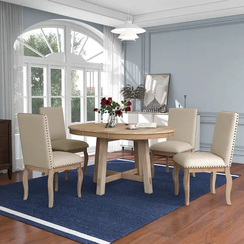 5-Piece Farmhouse Dining Table Set Wood Round Extendable Dining Table and 4 Upholstered Dining Chairs