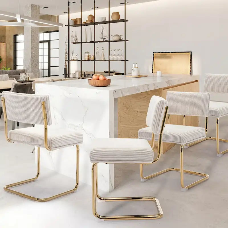 Mid Century Corduroy Dining Chairs with Gold Metal Base Set of 4