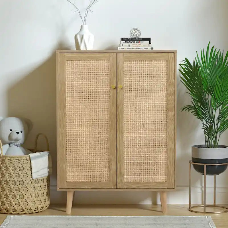 Anmytek Modern 2-Door Rattan Buffet Sideboard Kitchen Storage Cabinet for Living Room