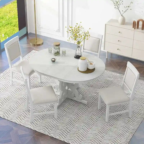 5-Piece Retro Functional Dining Set, 1 Extendable Table with a 16-inch Leaf and 4 Upholstered Chairs for Dining Room and Kitchen