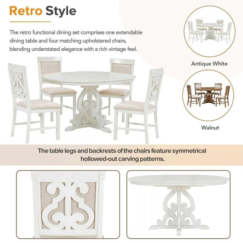 5-Piece Retro Functional Dining Set, 1 Extendable Table with a 16-inch Leaf and 4 Upholstered Chairs for Dining Room and Kitchen