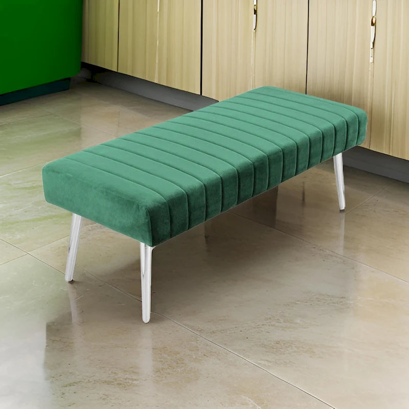 Lida 45 Inch Bench, Modern Tufted Lines, Green Soft Velvet, Chrome Metal