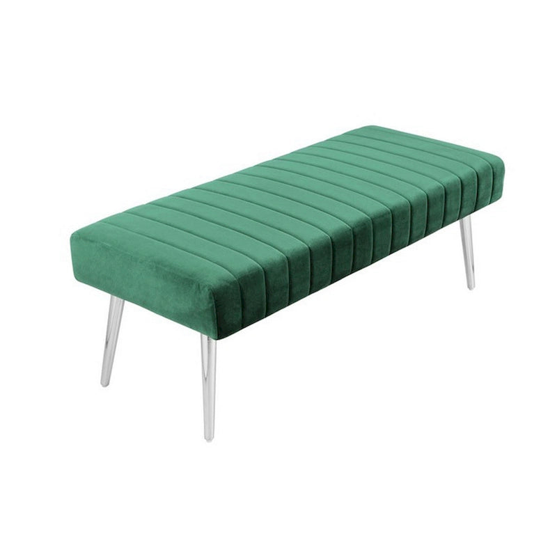 Lida 45 Inch Bench, Modern Tufted Lines, Green Soft Velvet, Chrome Metal