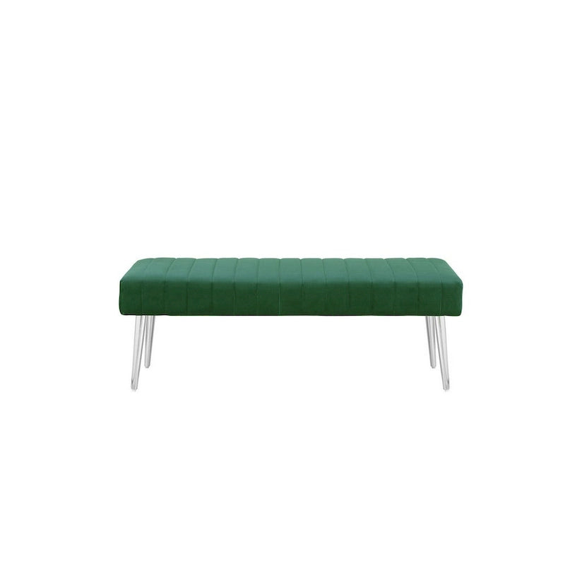 Lida 45 Inch Bench, Modern Tufted Lines, Green Soft Velvet, Chrome Metal