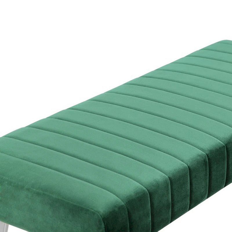 Lida 45 Inch Bench, Modern Tufted Lines, Green Soft Velvet, Chrome Metal