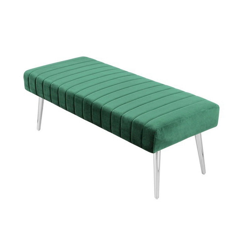 Lida 45 Inch Bench, Modern Tufted Lines, Green Soft Velvet, Chrome Metal