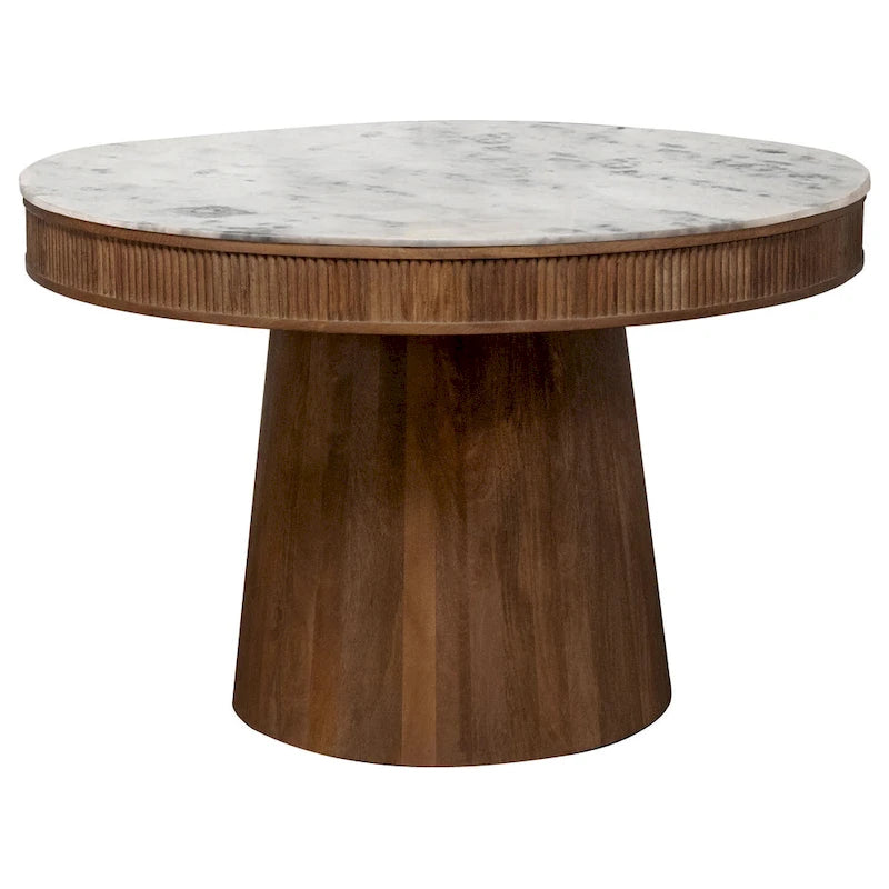Evi 46 Inch Dining Table, Round Marble Top, Pedestal Base, Fluted, Brown