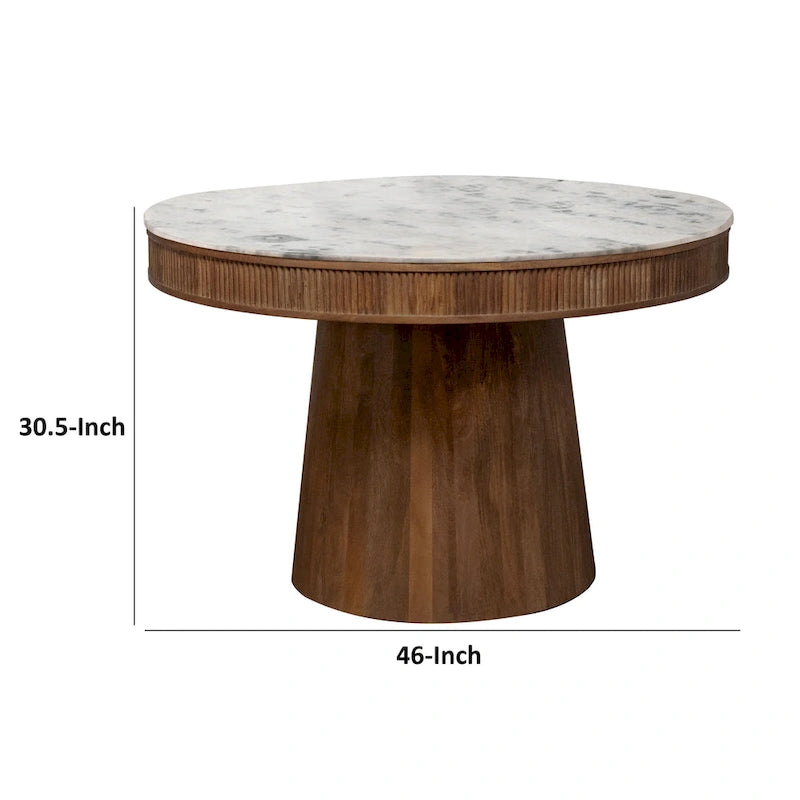Evi 46 Inch Dining Table, Round Marble Top, Pedestal Base, Fluted, Brown