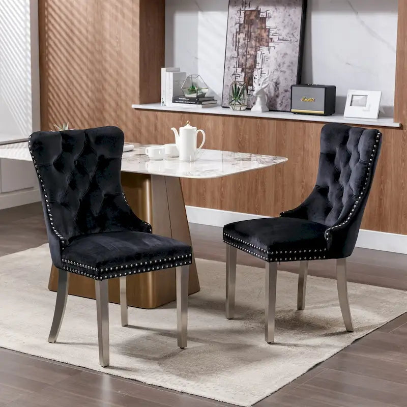 Velvet Upholstered Dining Chair with Nailhead Trim and Stainless Steel Silver Plated Leg Set of 2