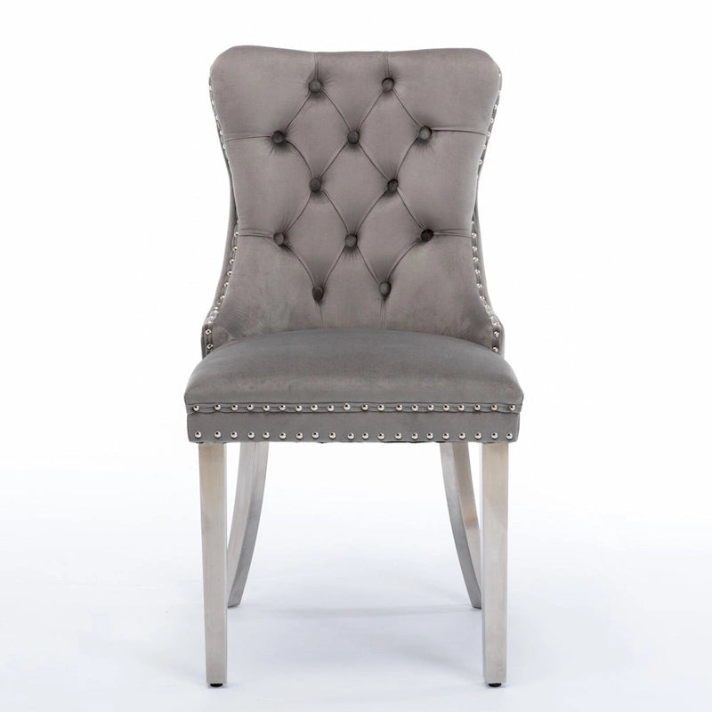 Velvet Upholstered Dining Chair with Nailhead Trim and Stainless Steel Silver Plated Leg Set of 2