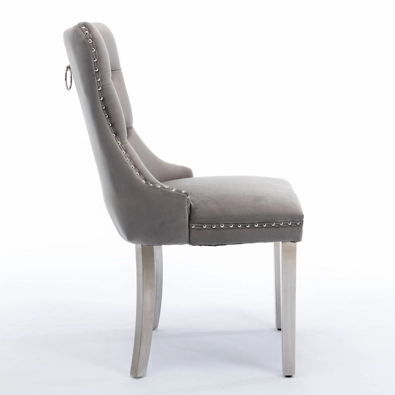 Velvet Upholstered Dining Chair with Nailhead Trim and Stainless Steel Silver Plated Leg Set of 2