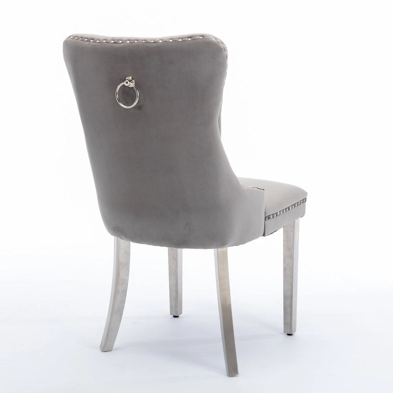 Velvet Upholstered Dining Chair with Nailhead Trim and Stainless Steel Silver Plated Leg Set of 2