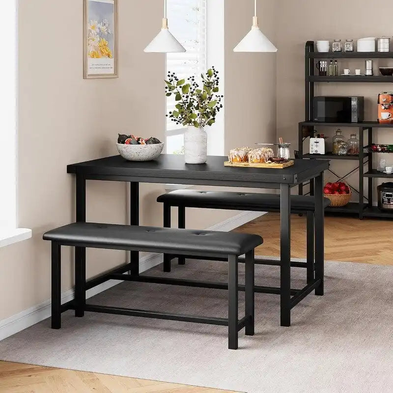 Dining Table Set for 4, Kitchen Table with 2 Upholstered Benches