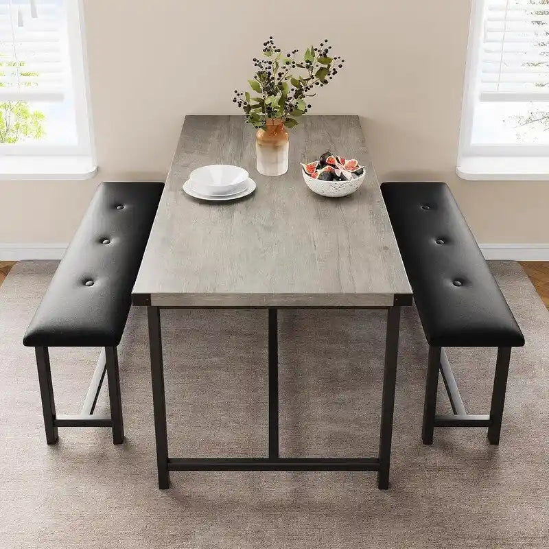 Dining Table Set for 4, Kitchen Table with 2 Upholstered Benches