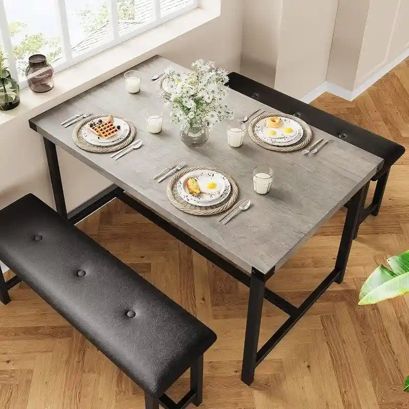 Dining Table Set for 4, Kitchen Table with 2 Upholstered Benches