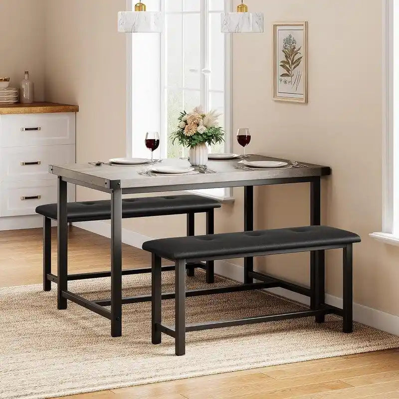 Dining Table Set for 4, Kitchen Table with 2 Upholstered Benches