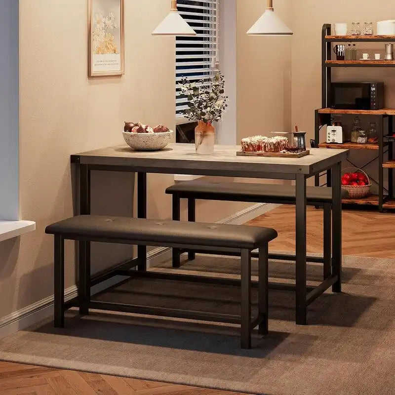 Dining Table Set for 4, Kitchen Table with 2 Upholstered Benches